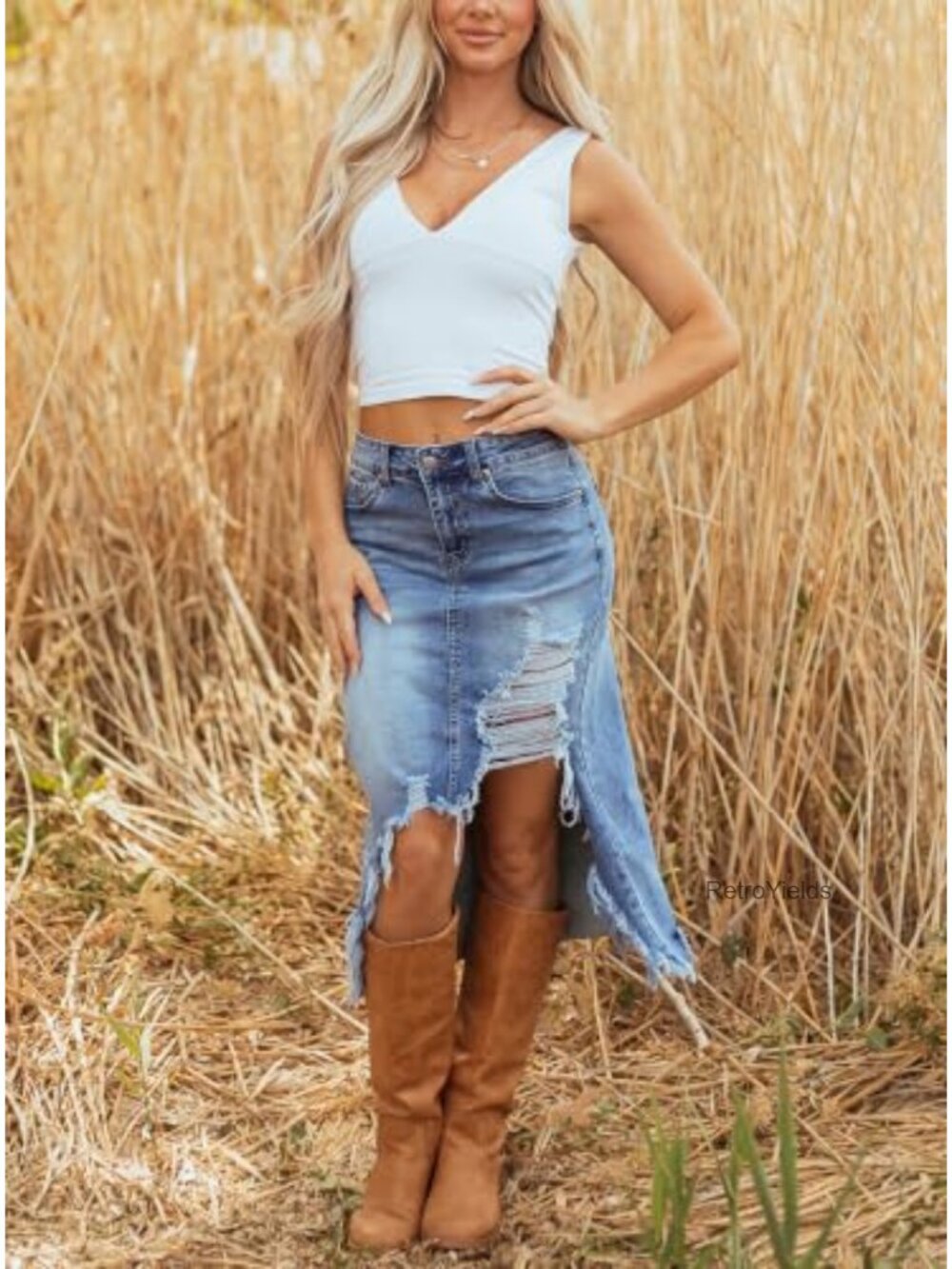 High Waist Distressed Denim Midi Skirt with Frayed Hem, Slit, Asymmetrical - Picture 4 of 4